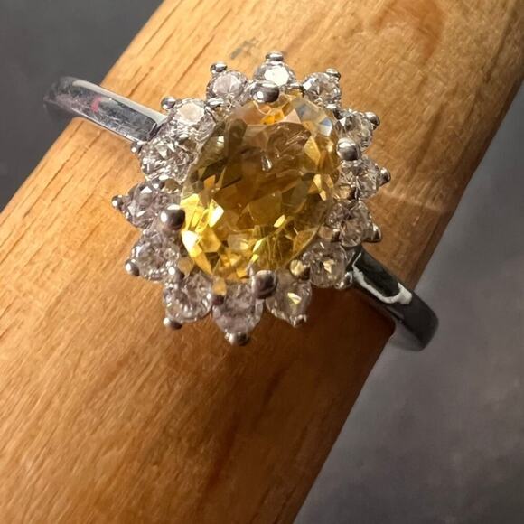 NEW Citrine and zircon halo ring in platinum over sterling silver size 9 - Picture 1 of 11